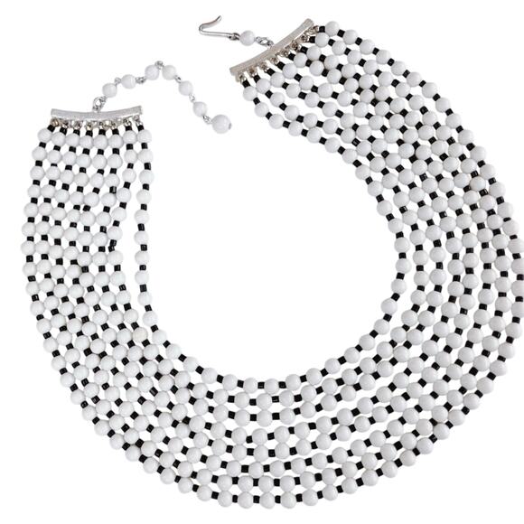 VTG Mid Century Black White Bib Necklace Molded Beads Hook Clasp 1950s 60s - Picture 2 of 13